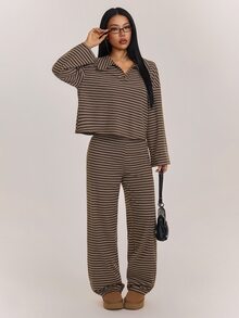 SHEIN PETITE Women's Striped Long Sleeve Top And Pants Casual Daily 2 Pieces Set - Multicolor - View 6