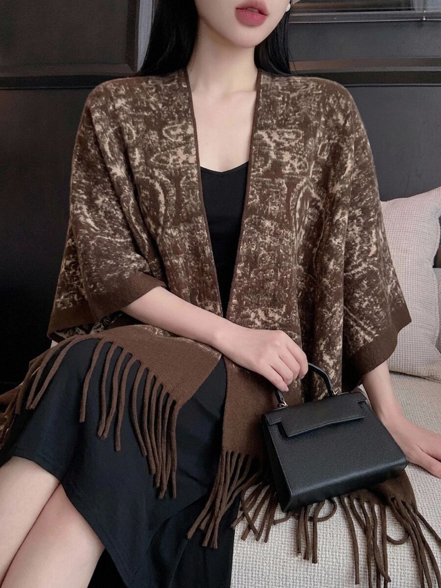 Joudiya Autumn Commute Elegant Office Shawl Jacket With Tassel Decoration And Floral Pattern For Women, Wool - Brown - View 1