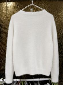 INAWLY Women's Faux Mink Fur Knit Cardigan With Heavy Rhinestone Bow, Faux Pearl And Beaded Embellishments - White - View 2