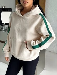 Muchica Sweatshirt Olahraga Wanita Motif Garis-Garis Blok Warna, Berkerudung, dengan Kantong, Potongan Longgar, Sweatshirt Gym, Atasan Olahraga, Pakaian Aktif, Fashion Kasual Nyaman untuk Musim Gugur dan Musim Dingin - Aprikot - View 2