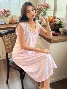 Snug Reverie Women's Romantic Lace Trim Ditsy Floral Long House Dress - Multicolor - View 7