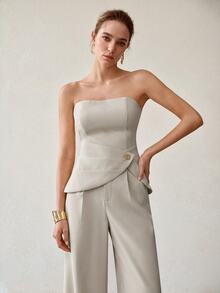 MOTF PREMIUM YELLOW SLIMMING ELEGANT CASUAL COMMUTE 2 PIECES SET WITH ROSE BUTTON DECOR - Grey - View 4