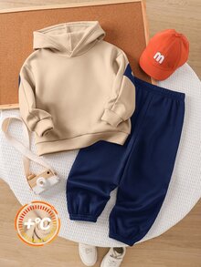 SHEIN 兒童小男孩韓系休閒寬鬆大字母印花長袖連帽衛衣＋鬆緊腰長褲套裝，適合秋冬春季，適合戶外玩耍、上學、街頭風、派對與休閒，內層保暖刷毛加厚 - 彩色 - 查看 5