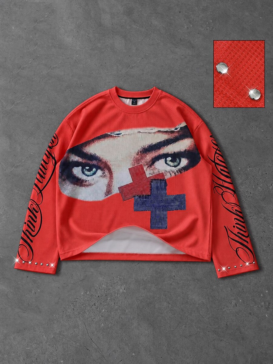 ROMWE MEN Men's Rivet Decor Printed Pattern Waffle Fabric Long Sleeve T-Shirt Street Vintage - Red - View 1