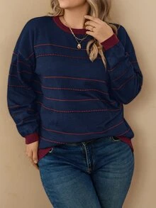 EMERY ROSE 大尺碼黑色與棕色波點條紋對比領套頭毛衣，休閒寬鬆針織上衣，適合秋冬穿著 - 藏蓝色 - 查看 5