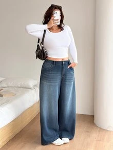 SHEIN PETITE CURVE Celana Jeans Denim Cuci Ukuran Besar untuk Wanita, Kasual Sederhana untuk Sehari-hari - Biru - View 6