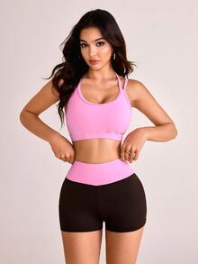 Easithlete Women's Solid Color Sports Bra And Two-Tone Cycling Shorts Set, Suitable For Equestrian And Cycling - Pink - View 1