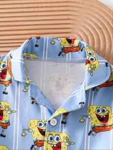 SpongeBob SquarePants | SHEIN 小男孩休閒卡通條紋印花長袖上衣與長褲睡衣套裝 - 彩色 - 查看 4