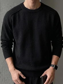 DAZY 男士純黑色長袖圓領通勤毛衣，秋季 - 黑色 - 查看 5