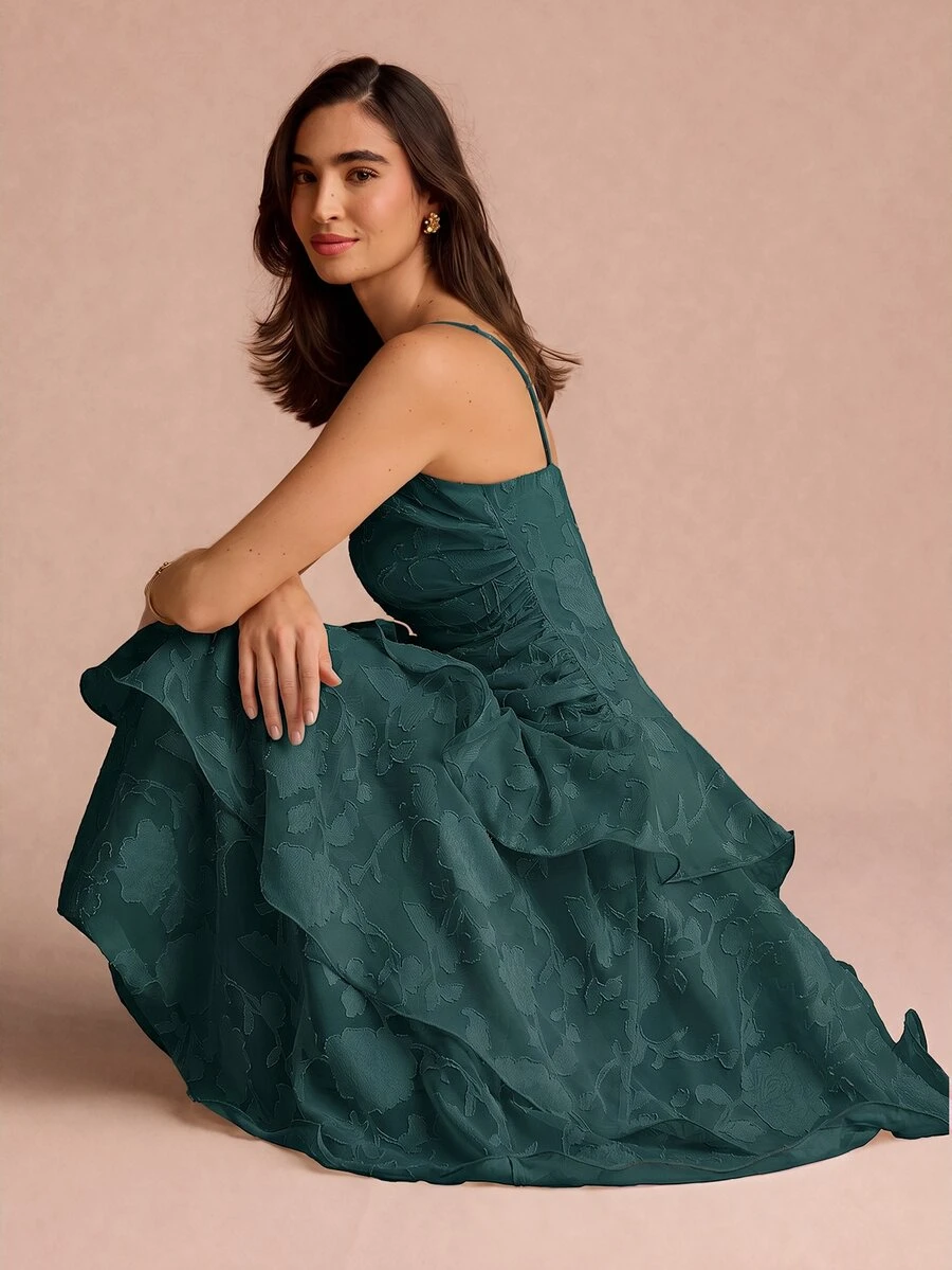 Enchnt Women's Spaghetti Strap Multi-Layer Ruffle Dress - Dark Green - View 1