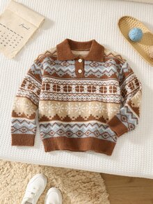 SHEIN Young Boy Collared Long Kids Sleeve Patterned Autumn Sweater - Multicolor - View 1