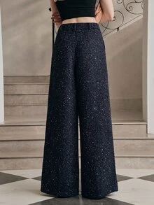 Anewsta Women's Autumn/Winter Modern Versatile Commute Metallic Thread Tweed High Waist Metal Buckle Draped Wide Leg Pants - Navy Blue - View 7
