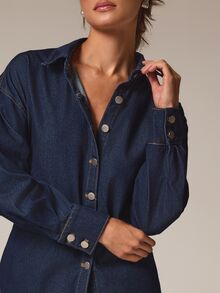 Athîral Denim Women's Solid Color Turn Collar Single-Breasted Fashion Minimalist Versatile Denim Shirt - Dark Wash - View 4