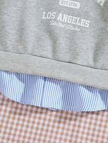 SHEIN Tween女孩白色紫色2合1衛衣，領口長袖加州印花套頭衫，柔軟面料寬鬆版型，秋季Nancy 7歲生日 - 淺灰色 - 查看 5