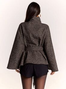 SHEIN BAE Women's Elegant Stand Collar Waist Knot Cape Overcoat - Coffee Brown - View 2