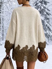 INAWLY Bohemian Lace Patchwork V-Neck Loose Knit Sweater Women Vintage Long Sleeve Drop Shoulder Mid-Length Pullover - Apricot - View 2