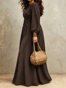 Weeklong Plus Size Brown Textured Bohemian Nomad Style Commuter Casual Waist Cross Tie Design Round Neck Corduroy Maxi Dress - Brown - View 3