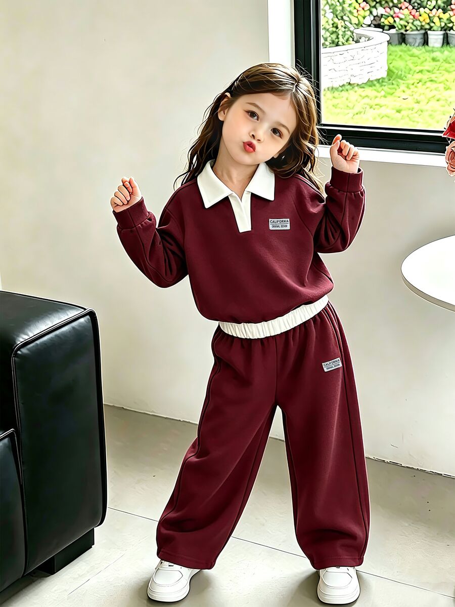 SHEIN Elladie kids 女童 2 件組復古美式學院風紅白色上衣與寬腿褲套裝，休閒秋季長袖圓領套裝，7 歲生日秋季穿搭