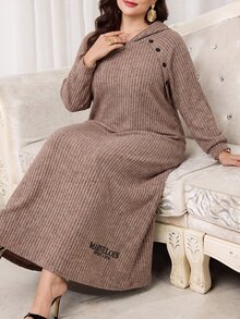 Feyla Plus Size Women's Solid Color Button Design Raglan Long Sleeve Casual Hooded Sweatshirt Dress - Khaki - View 7