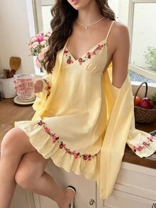 Snug Reverie Floral Embroidery Ruffle Hem Cami Sleep Dress & Belted Robe PJ Set - Yellow - View 1