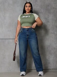 SHEIN ICON 大尺碼女款高腰口袋寬腿寬鬆休閒牛仔褲 - 深色水洗藍 - 查看 6