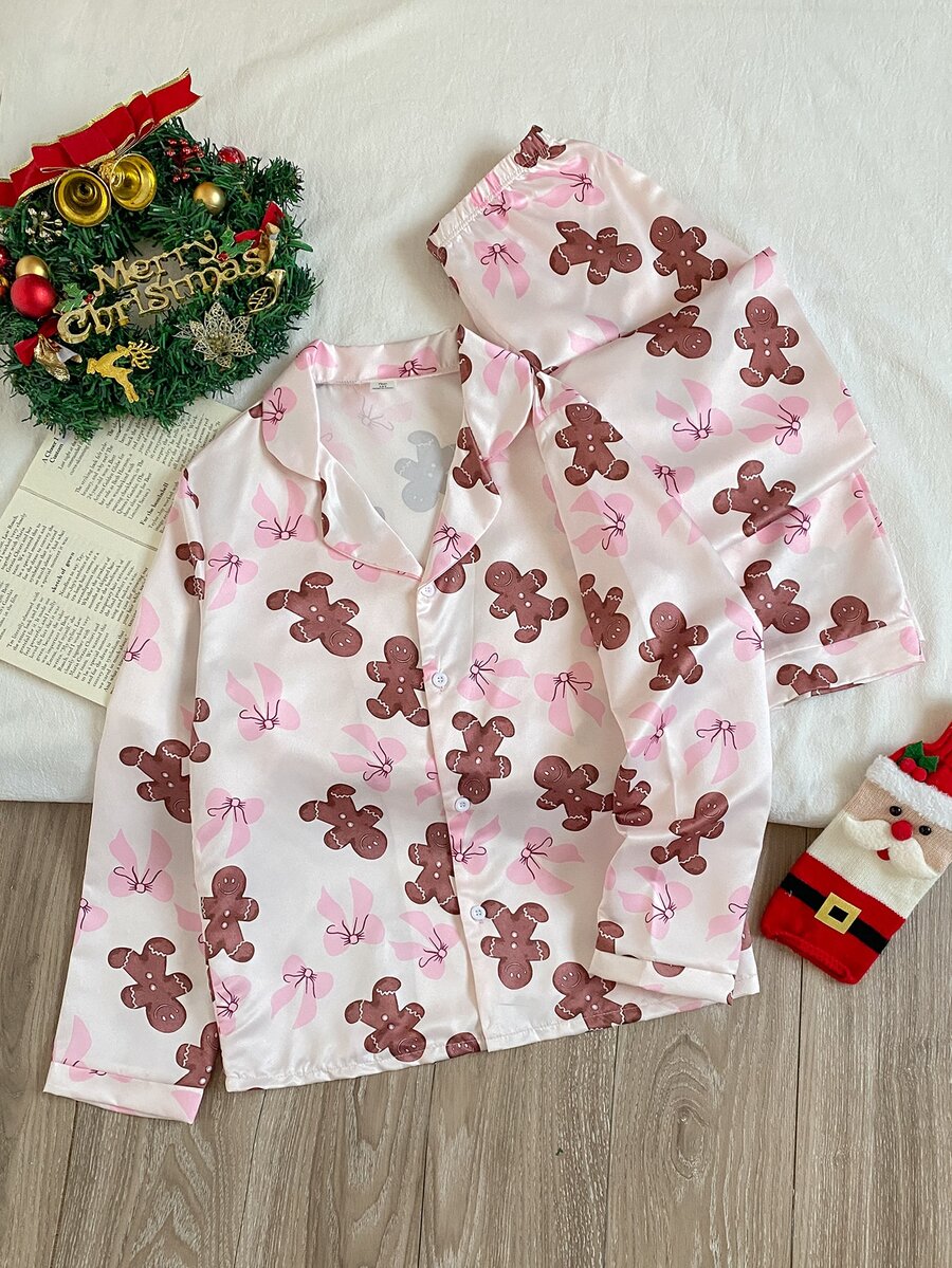 Teen Girl Christmas Gingerbread Man Print PJ Set - Pink - View 1