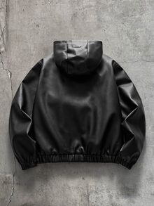 AXEPEAK 男士拉鍊雙口袋休閒時尚百搭抽繩連帽皮夾克 - 黑色 - 查看 2