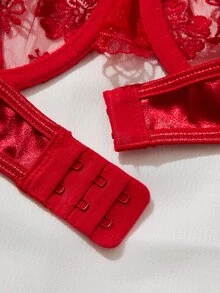 SHEIN 女款酒紅色浪漫刺繡綁帶丁字褲性感兩件套 - 紅色 - 查看 4