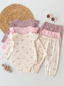 SHEIN Vintaside Kids 女嬰連身衣 2 件組 長袖花卉印花褲 日常穿著 卡其色與炭灰色 秋冬款 - 彩色 - 查看 2