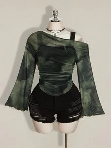 SHEIN ICON Women's Plus Size Asymmetrical Neckline Top - Dark Green - View 3