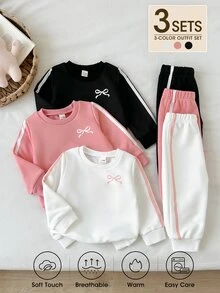 SHEIN Playful Pals 3套女嬰運動衫長褲套裝，可愛甜美風，粉色白色黑色，蝴蝶結側條紋羅紋長袖圓領，生日派對秋季穿搭 - 彩色 - 查看 1