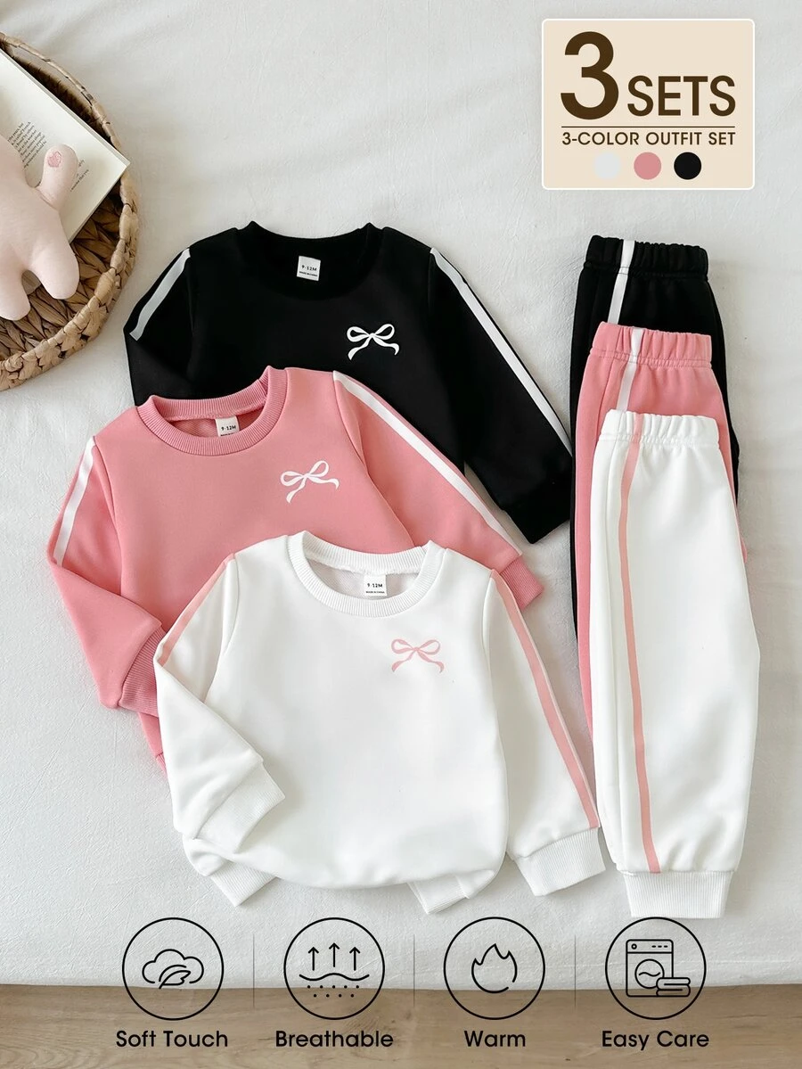 SHEIN Playful Pals 3套女嬰運動衫長褲套裝,可愛甜美風,粉色白色黑色,蝴蝶結側條紋羅紋長袖圓領,生日派對秋季穿搭 - 彩色 - 查看 1