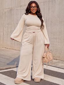 Slaydiva Beige 2 Pieces Set Plus Size Wide Leg Pants Outfit With Draped Batwing Sleeve Top And Criss-Cross Waist Design Wide Leg Long Pants Fall - Apricot - View 9