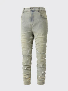 ROMWE MEN Men's Plus Size Denim Jeans Washed Distressed Shiny Urban Renaissance Street Style Casual Fashion Creative Personalized Streetwear - Champagne - View 1