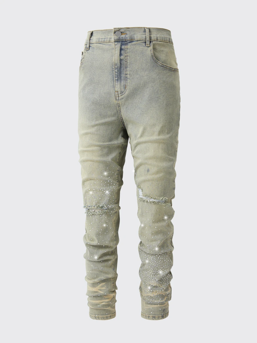 ROMWE MEN Men's Plus Size Denim Jeans Washed Distressed Shiny Urban Renaissance Street Style Casual Fashion Creative Personalized Streetwear - Champagne - View 1