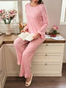 Snug Reverie Women's Round Neck Ruffle Cuff Ruffle Hem Loose Straight Leg Pants Loungewear Set - Dusty Pink - View 7