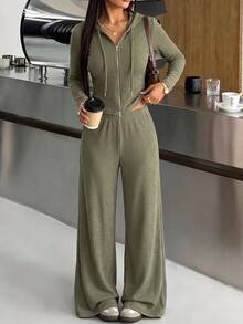 Zavorell Women's Casual Sports Fitted Hooded Solid Color Army Green Knit Set - Army Green - View 4