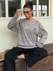 Muchica Women's Knit Striped Loose Long Sleeve T-Shirt - Light Grey - View 6