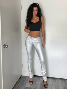 Jeanoix 1pc Slant Pocket PU Leather Pants - Silver - View 4
