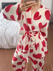 SHEIN Heart Flannel Soft & Comfortable Tie-Up Robe And Pants Loungewear Set - Multicolor - View 6