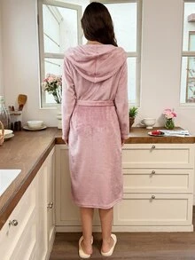Snug Reverie Bow Embroidery Detail Belted Flannel Robe - Pink - View 2