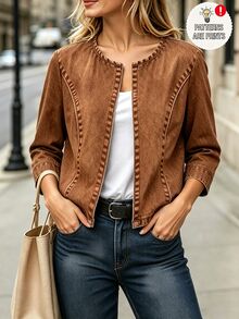 SHEIN 女款 3/4 袖對比縫線短版開襟針織外套，前開襟無鈕扣，輕盈垂墜面料 - 棕色 - 查看 6