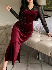 Dazy Tall Women's Long Elegant Lace Patchwork Dress - Burgundy - View 4