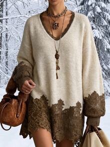 INAWLY Bohemian Lace Patchwork V-Neck Loose Knit Sweater Women Vintage Long Sleeve Drop Shoulder Mid-Length Pullover - Apricot - View 1
