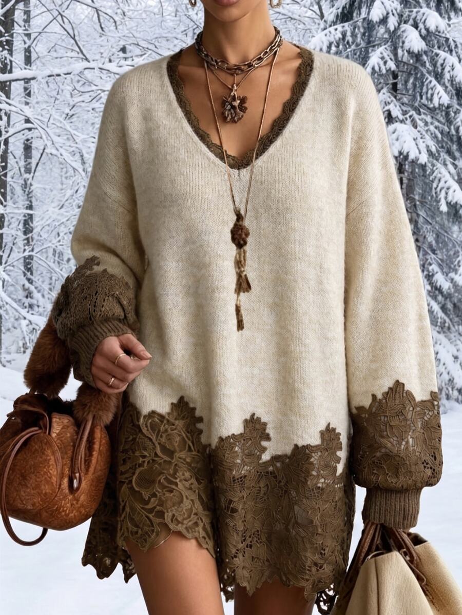 INAWLY Bohemian Lace Patchwork V-Neck Loose Knit Sweater Women Vintage Long Sleeve Drop Shoulder Mid-Length Pullover - Apricot - View 1
