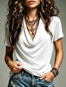 Glimmora Kaos Lengan Pendek Berlipit Leher Bulat Warna Putih, Atasan Dalaman Dasar Wanita Gaya American Vintage dengan Lipatan Longgar dan Potongan Rapi Warna Polos - Putih - View 6