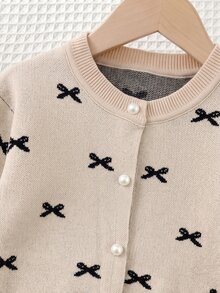 Baby Girl Round Neck Bow Faux Pearl Button Decor Long Sleeve Sweater And Autumn Skirt Set - Khaki - View 5