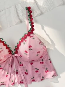 PetitDoll طقم ملابس داخلية نسائي من قطعتين مع تطريز زهري قابل للذوبان في الماء وشبك شفاف - وردي - مشاهدة 4