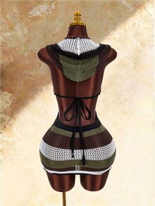 Amplova Striped Hat V-Neck Cutout Women's Mini Crochet Dress - Multicolor - View 3