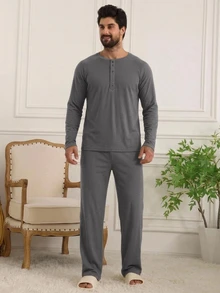 DAZY Men's Long Sleeve Crew Neck Half Button Placket Top And Pants Loungewear Set - Grey - View 4